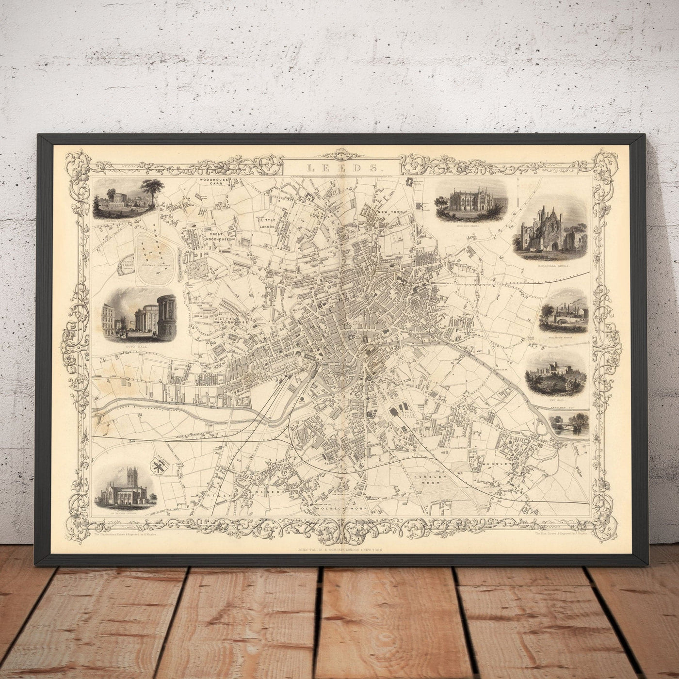 Raro mapa antiguo de Leeds en 1851 por John Rapkin