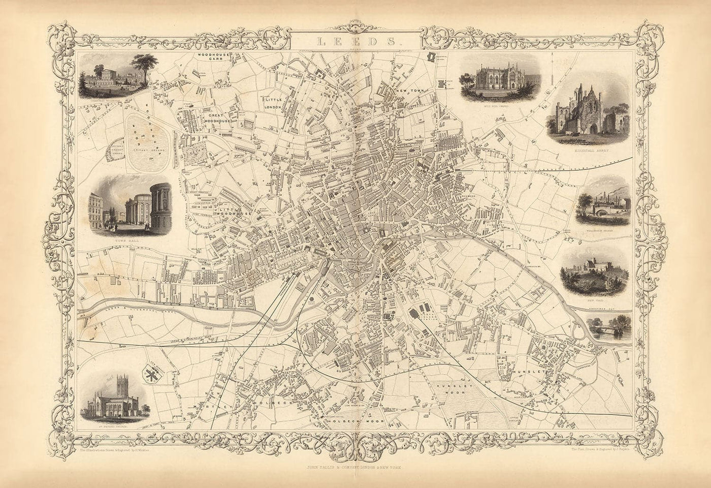 Raro mapa antiguo de Leeds en 1851 por John Rapkin