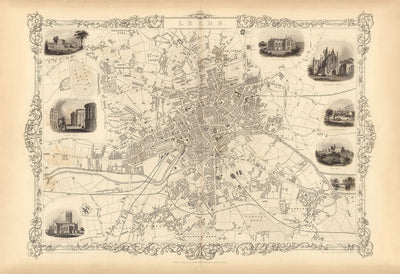 Raro mapa antiguo de Leeds en 1851 por John Rapkin