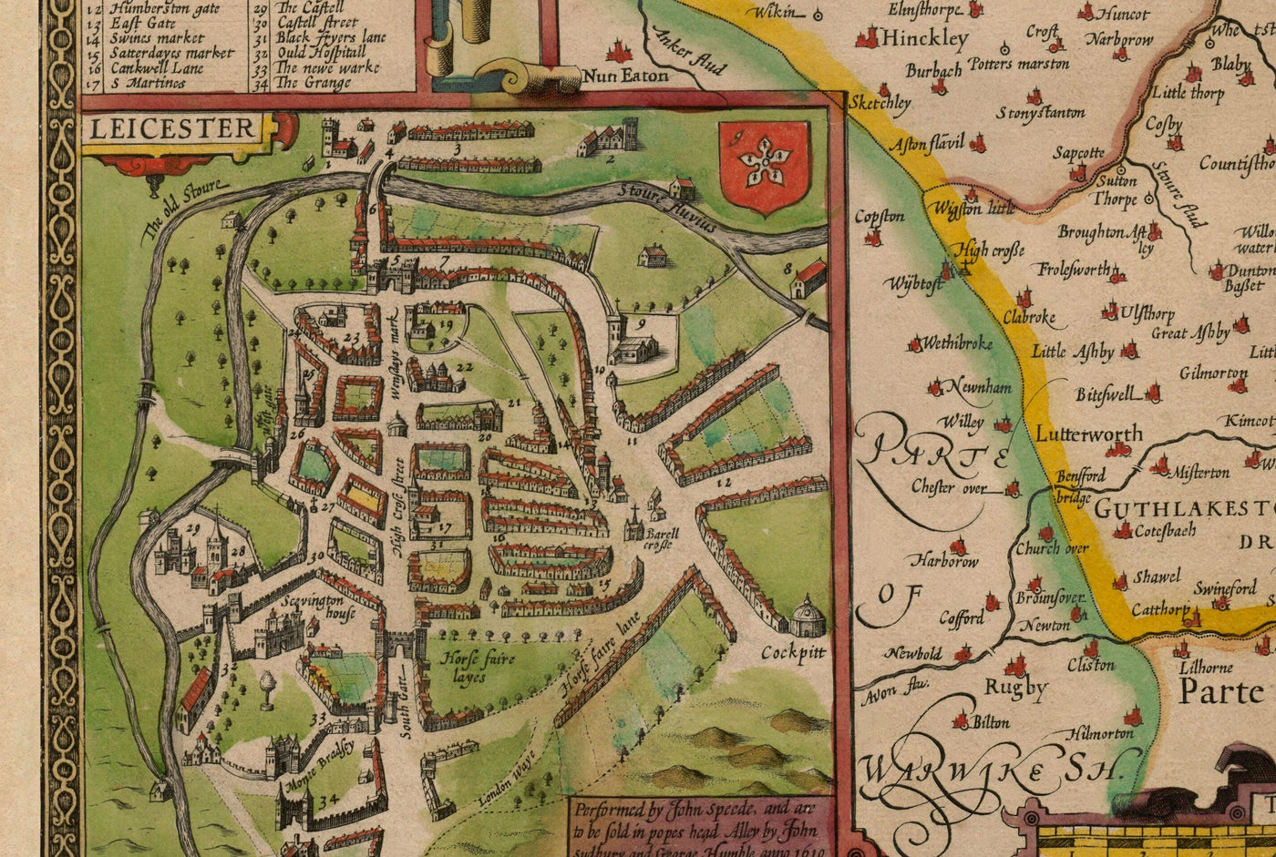 Ancienne carte de Leicestershire en 1611 par John Vitesse - Leicester, Loughborough, Hinckley, Wigston