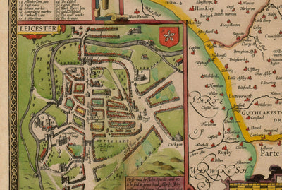 Ancienne carte de Leicestershire en 1611 par John Vitesse - Leicester, Loughborough, Hinckley, Wigston