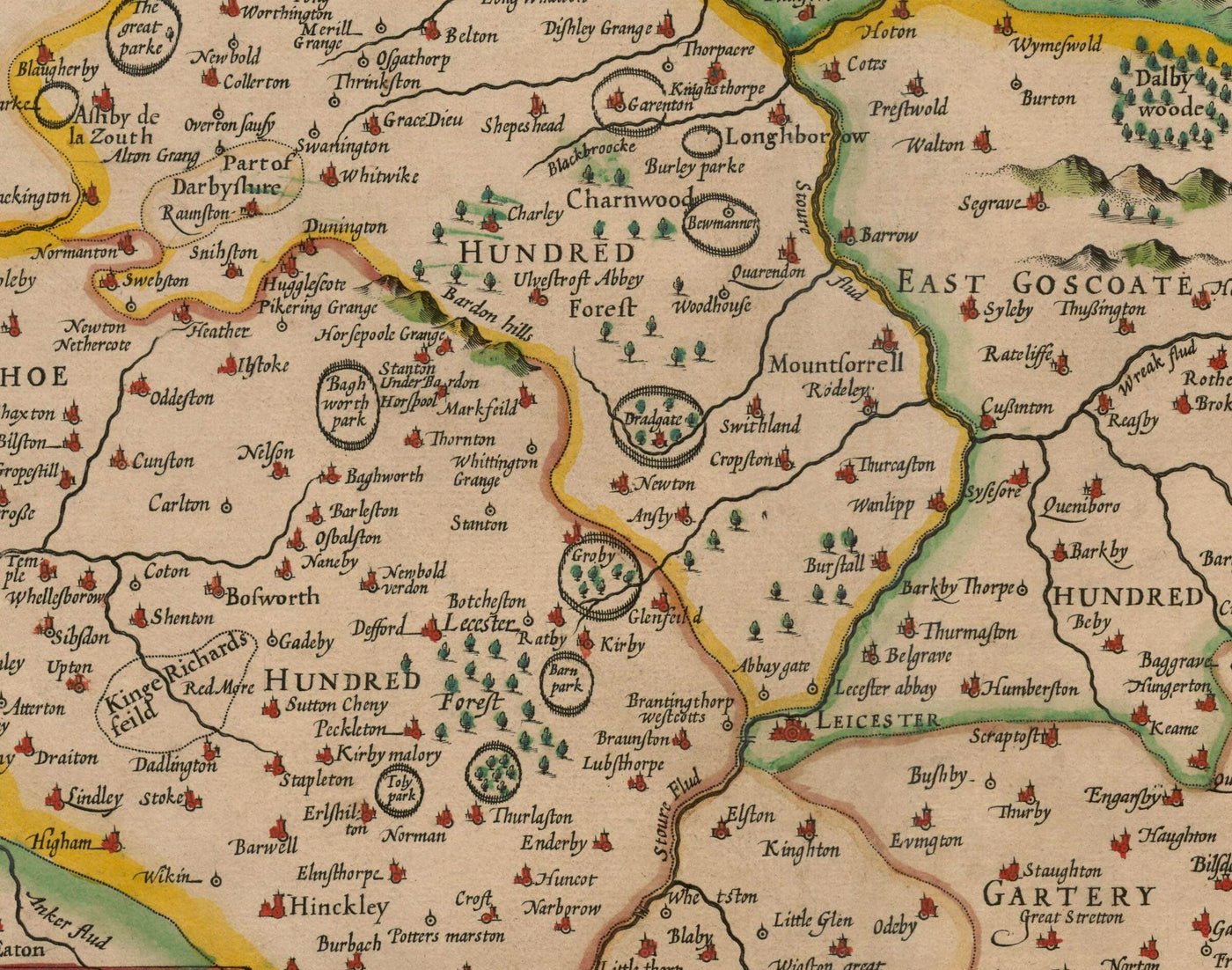 Ancienne carte de Leicestershire en 1611 par John Vitesse - Leicester, Loughborough, Hinckley, Wigston