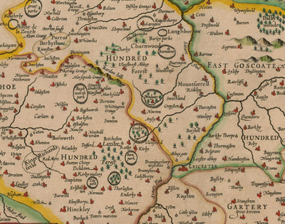 Ancienne carte de Leicestershire en 1611 par John Vitesse - Leicester, Loughborough, Hinckley, Wigston