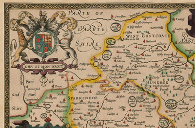 Ancienne carte de Leicestershire en 1611 par John Vitesse - Leicester, Loughborough, Hinckley, Wigston