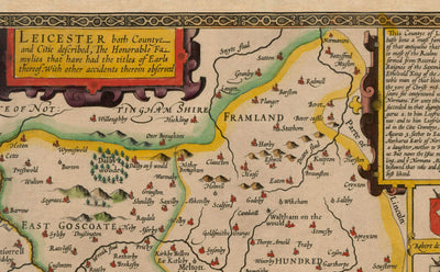 Ancienne carte de Leicestershire en 1611 par John Vitesse - Leicester, Loughborough, Hinckley, Wigston