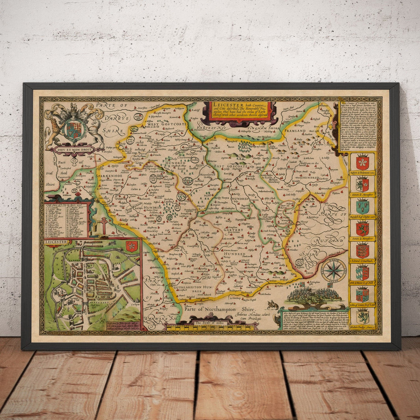 Ancienne carte de Leicestershire en 1611 par John Vitesse - Leicester, Loughborough, Hinckley, Wigston