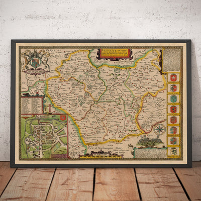 Ancienne carte de Leicestershire en 1611 par John Vitesse - Leicester, Loughborough, Hinckley, Wigston