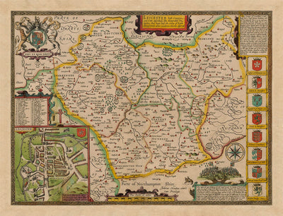 Ancienne carte de Leicestershire en 1611 par John Vitesse - Leicester, Loughborough, Hinckley, Wigston