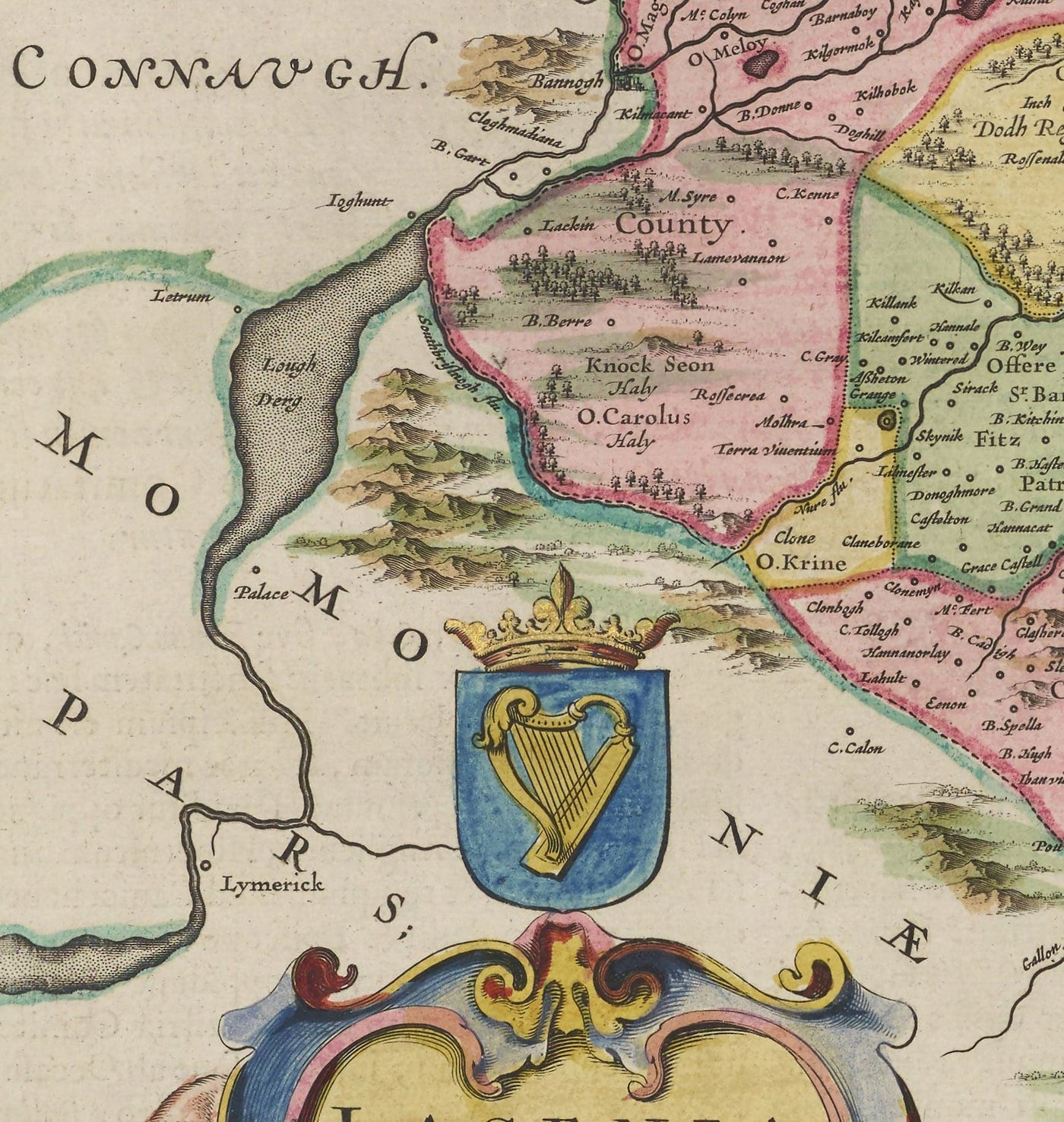 Old Map of Leinster, Ireland in 1665 by Joan Blaeu - County Dublin, Kilkenny, Meath, Drogheda Swords, Waterford, East Eire