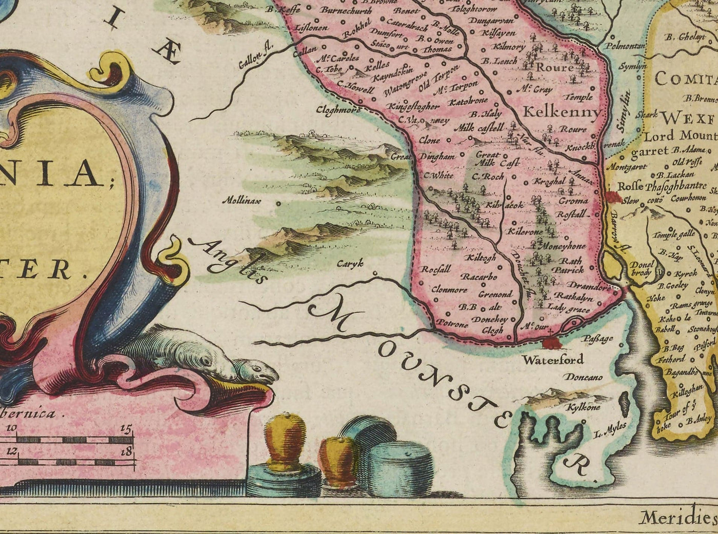 Old Map of Leinster, Ireland in 1665 by Joan Blaeu - County Dublin, Kilkenny, Meath, Drogheda Swords, Waterford, East Eire