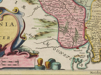 Old Map of Leinster, Ireland in 1665 by Joan Blaeu - County Dublin, Kilkenny, Meath, Drogheda Swords, Waterford, East Eire
