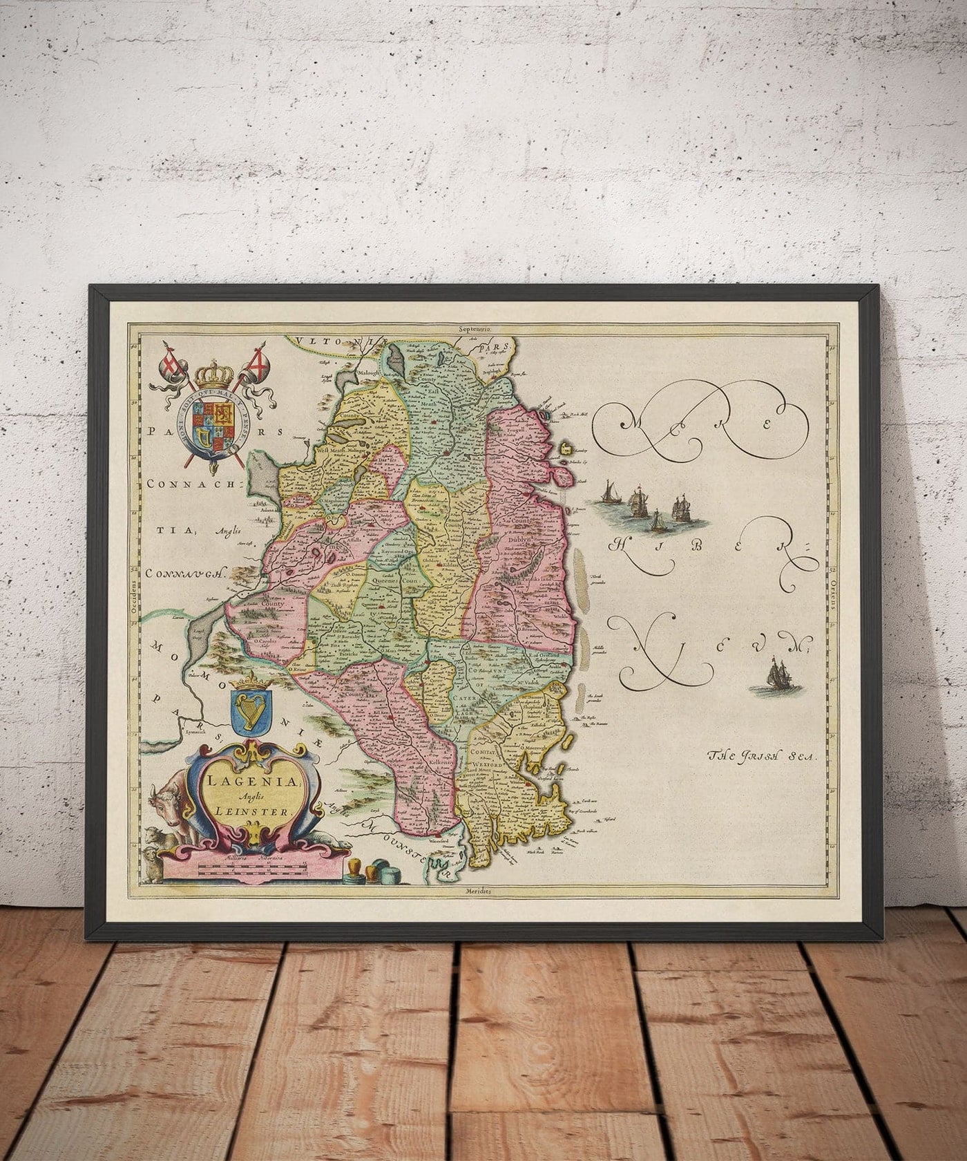 Old Map of Leinster, Ireland in 1665 by Joan Blaeu - County Dublin, Kilkenny, Meath, Drogheda Swords, Waterford, East Eire