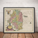 Old Map of Leinster, Ireland in 1665 by Joan Blaeu - County Dublin, Kilkenny, Meath, Drogheda Swords, Waterford, East Eire