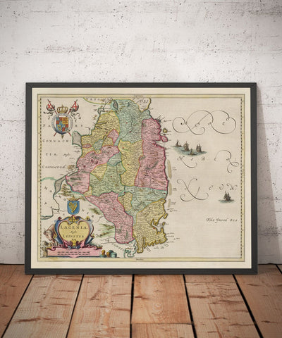 Old Map of Leinster, Ireland in 1665 by Joan Blaeu - County Dublin, Kilkenny, Meath, Drogheda Swords, Waterford, East Eire