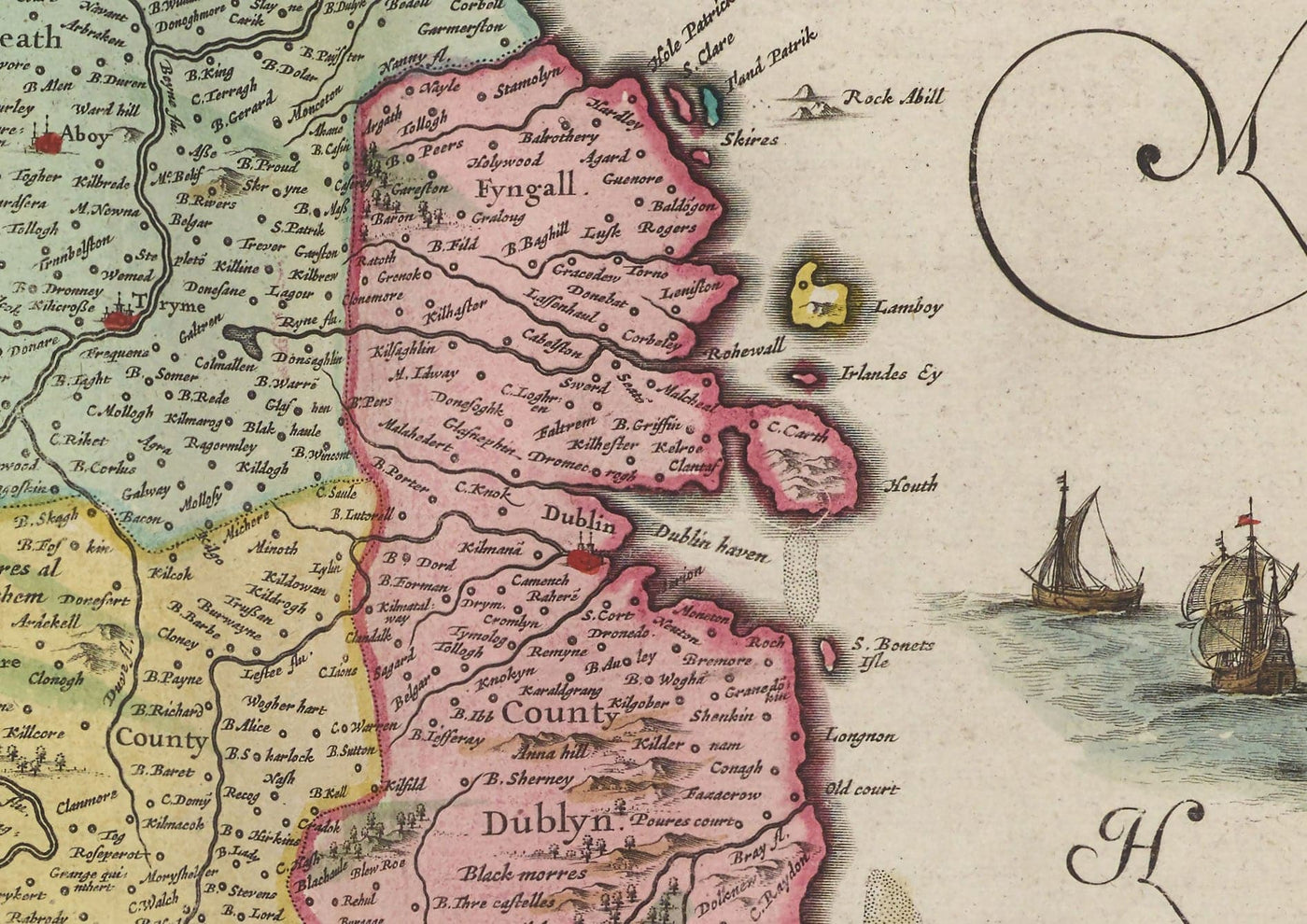 Old Map of Leinster, Ireland in 1665 by Joan Blaeu - County Dublin, Kilkenny, Meath, Drogheda Swords, Waterford, East Eire