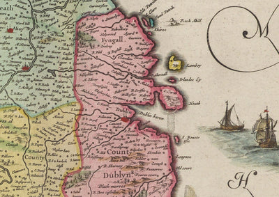 Old Map of Leinster, Ireland in 1665 by Joan Blaeu - County Dublin, Kilkenny, Meath, Drogheda Swords, Waterford, East Eire