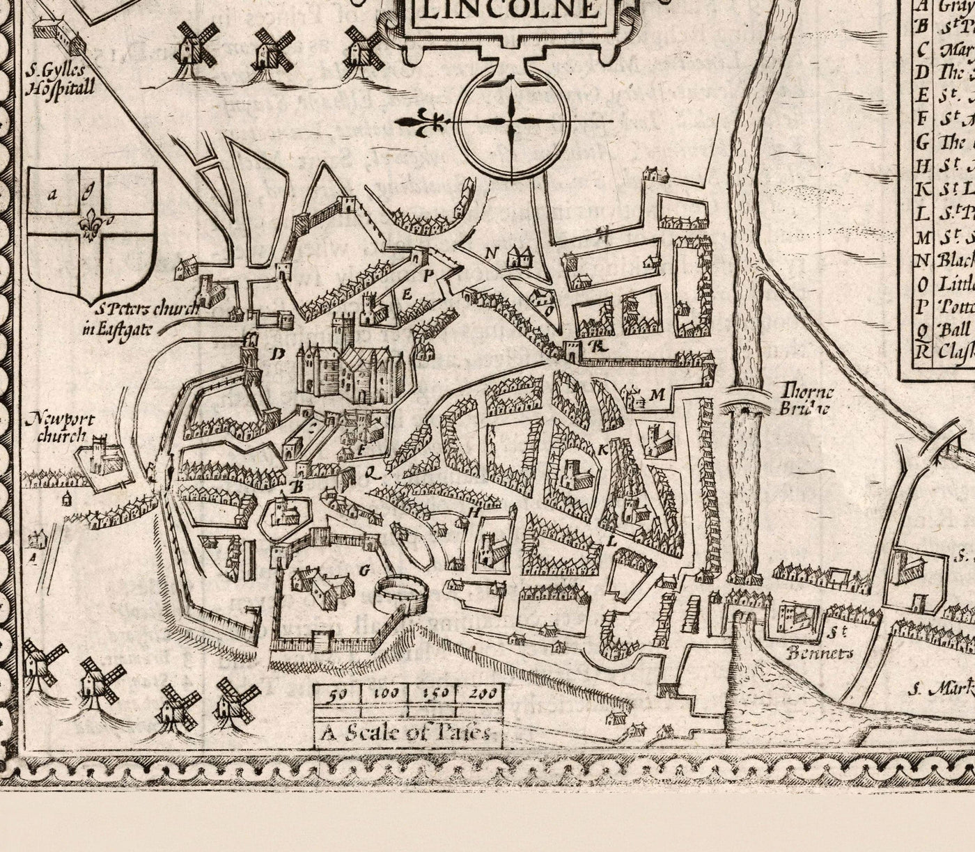 Old Monochrome Map of Lincolnshire in 1611 by Speed - Lincoln, Grimsby, Grantham, Boston, Scunthorpe, East Midlands