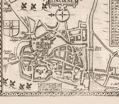 Old Monochrome Map of Lincolnshire in 1611 by Speed - Lincoln, Grimsby, Grantham, Boston, Scunthorpe, East Midlands