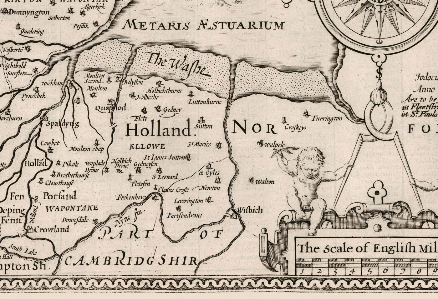 Old Monochrome Map of Lincolnshire in 1611 by Speed - Lincoln, Grimsby, Grantham, Boston, Scunthorpe, East Midlands