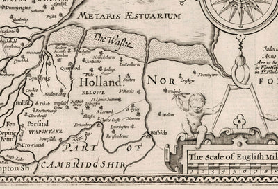 Old Monochrome Map of Lincolnshire in 1611 by Speed - Lincoln, Grimsby, Grantham, Boston, Scunthorpe, East Midlands
