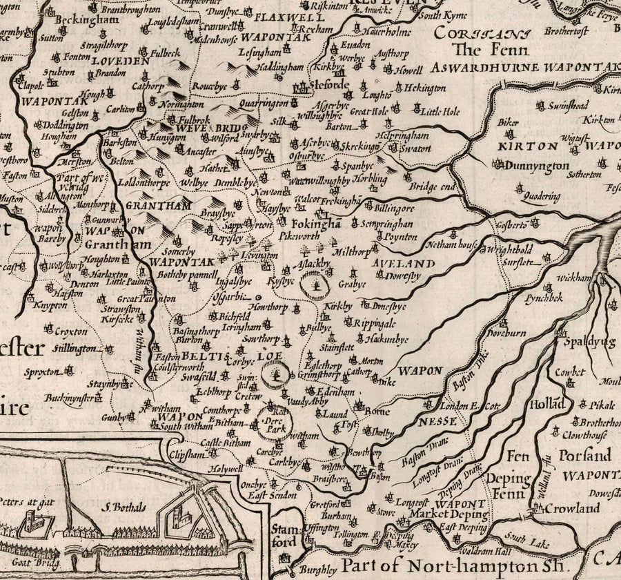 Vieille carte monochrome de Lincolnshire en 1611 à la vitesse - Lincoln, Grimsby, Grantham, Boston, Scunthorpe, East Midlands