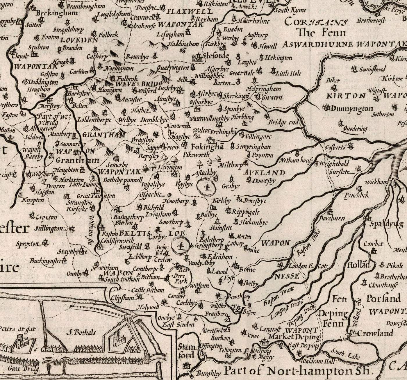 Old Monochrome Map of Lincolnshire in 1611 by Speed - Lincoln, Grimsby, Grantham, Boston, Scunthorpe, East Midlands