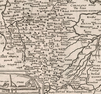 Old Monochrome Map of Lincolnshire in 1611 by Speed - Lincoln, Grimsby, Grantham, Boston, Scunthorpe, East Midlands