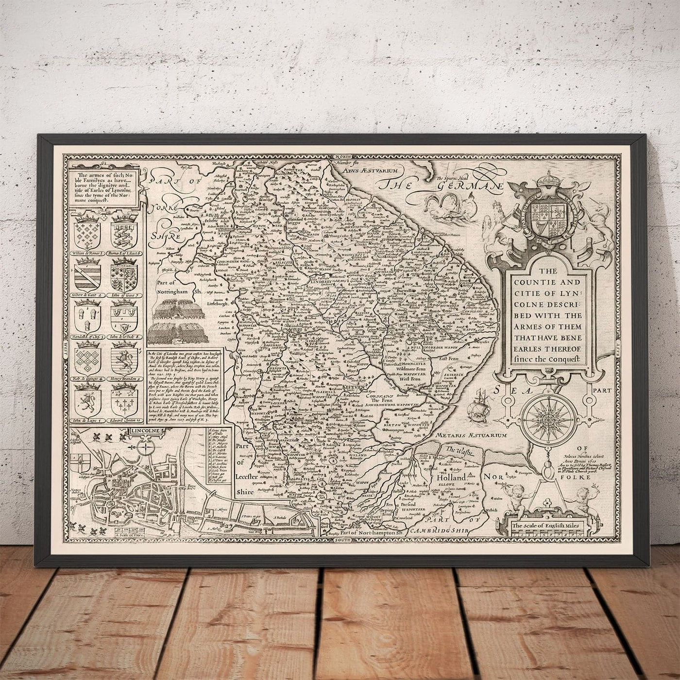 Old Monochrome Map of Lincolnshire in 1611 by Speed - Lincoln, Grimsby, Grantham, Boston, Scunthorpe, East Midlands
