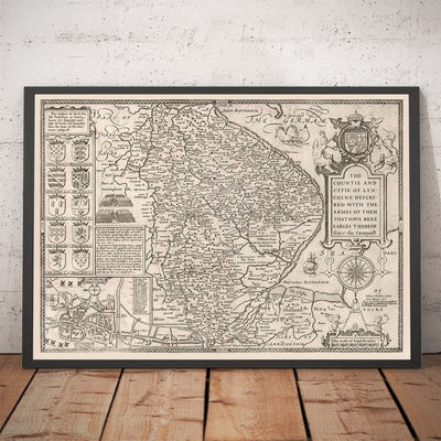 Old Monochrome Map of Lincolnshire in 1611 by Speed - Lincoln, Grimsby, Grantham, Boston, Scunthorpe, East Midlands