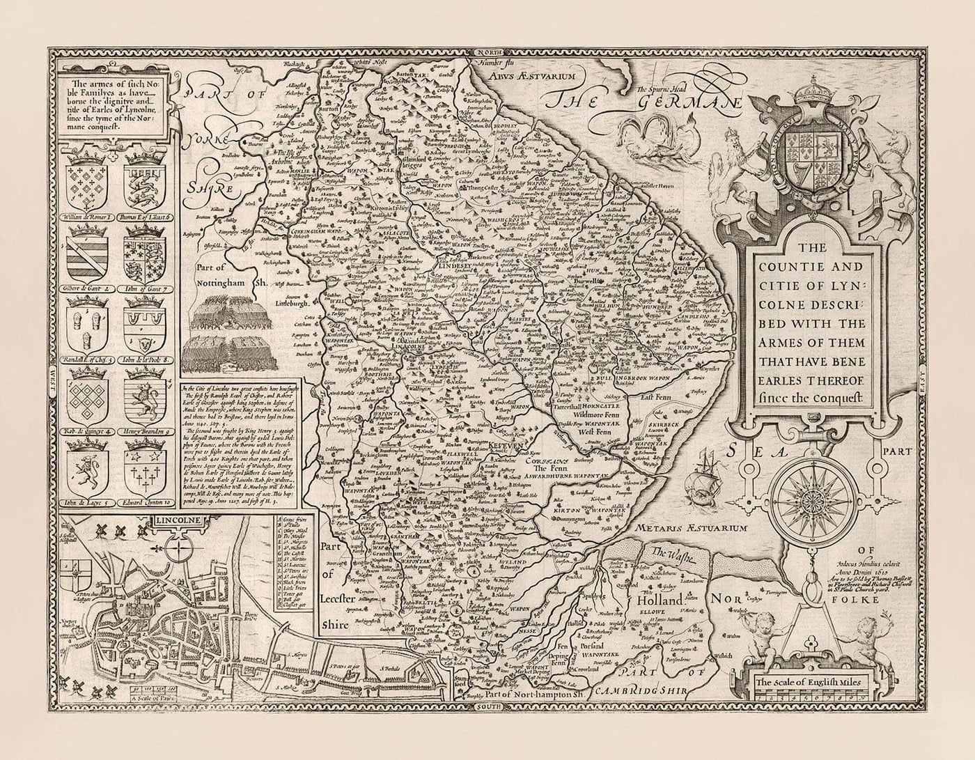 Old Monochrome Map of Lincolnshire in 1611 by Speed - Lincoln, Grimsby, Grantham, Boston, Scunthorpe, East Midlands