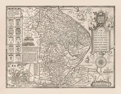 Old Monochrome Map of Lincolnshire in 1611 by Speed - Lincoln, Grimsby, Grantham, Boston, Scunthorpe, East Midlands