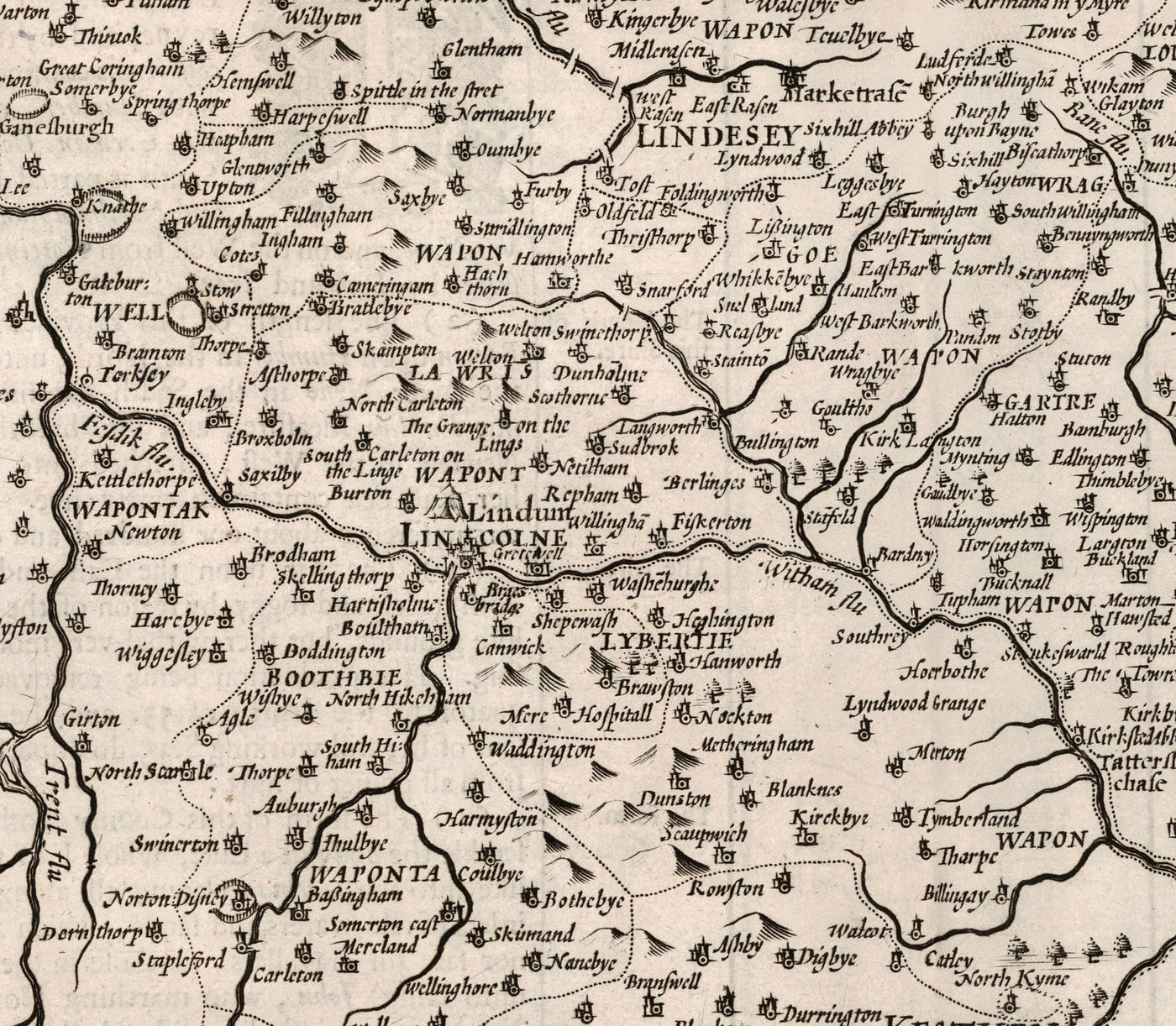 Old Monochrome Map of Lincolnshire in 1611 by Speed - Lincoln, Grimsby, Grantham, Boston, Scunthorpe, East Midlands