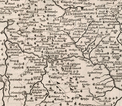Old Monochrome Map of Lincolnshire in 1611 by Speed - Lincoln, Grimsby, Grantham, Boston, Scunthorpe, East Midlands