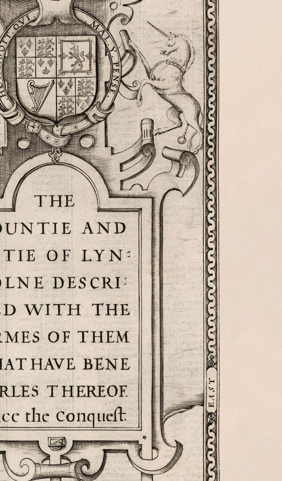 Vieille carte monochrome de Lincolnshire en 1611 à la vitesse - Lincoln, Grimsby, Grantham, Boston, Scunthorpe, East Midlands