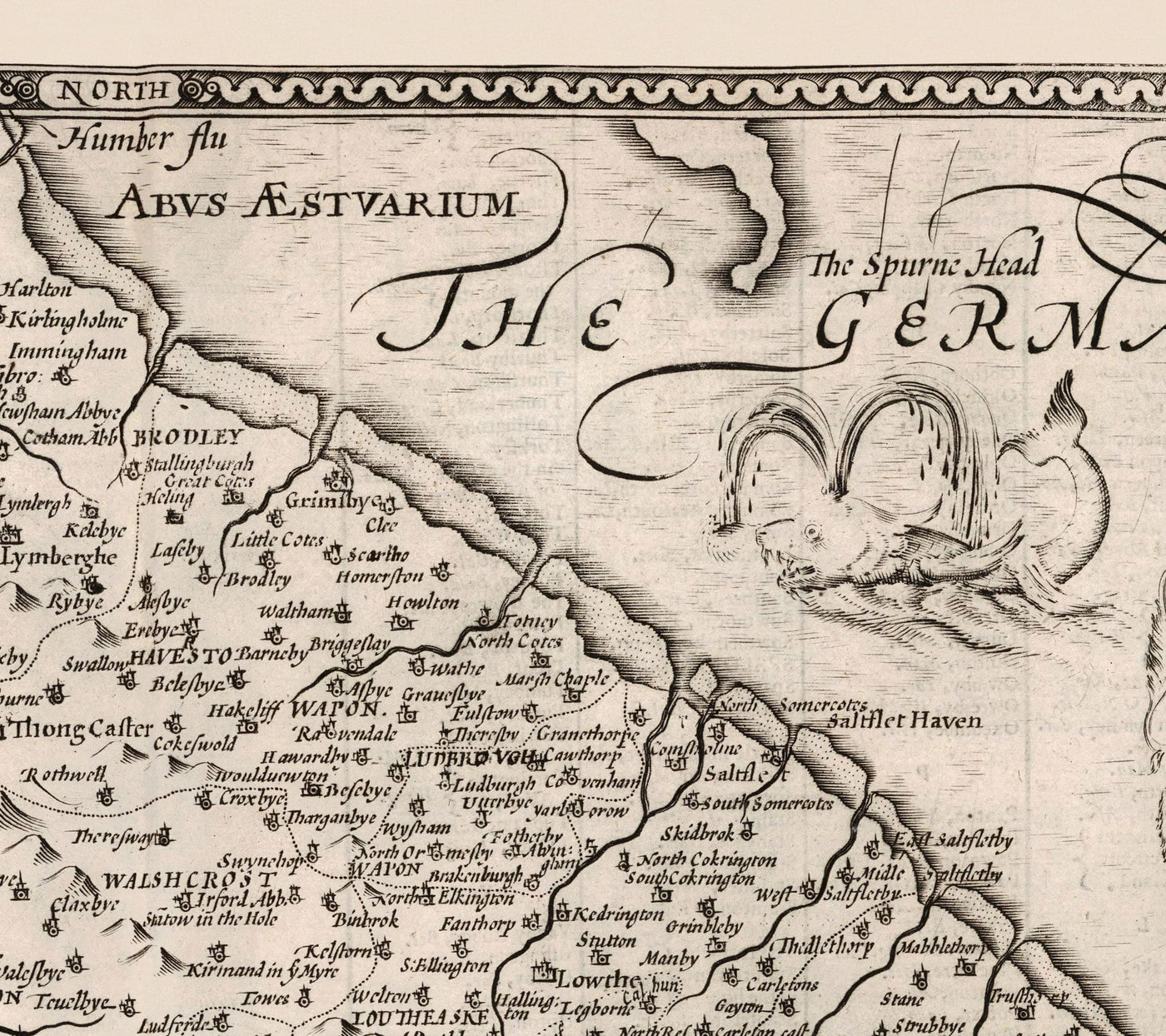 Old Monochrome Map of Lincolnshire in 1611 by Speed - Lincoln, Grimsby, Grantham, Boston, Scunthorpe, East Midlands