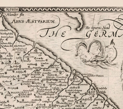Old Monochrome Map of Lincolnshire in 1611 by Speed - Lincoln, Grimsby, Grantham, Boston, Scunthorpe, East Midlands