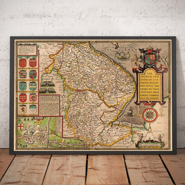 Old Map of Lincolnshire in 1611 by John Speed - Lincoln, Grimsby, Grantham, Boston