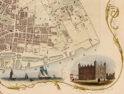 Alte Farbkarte von Liverpool von Tallis & Rapkin, 1851 - Docks, Mersey, Stadtzentrum 