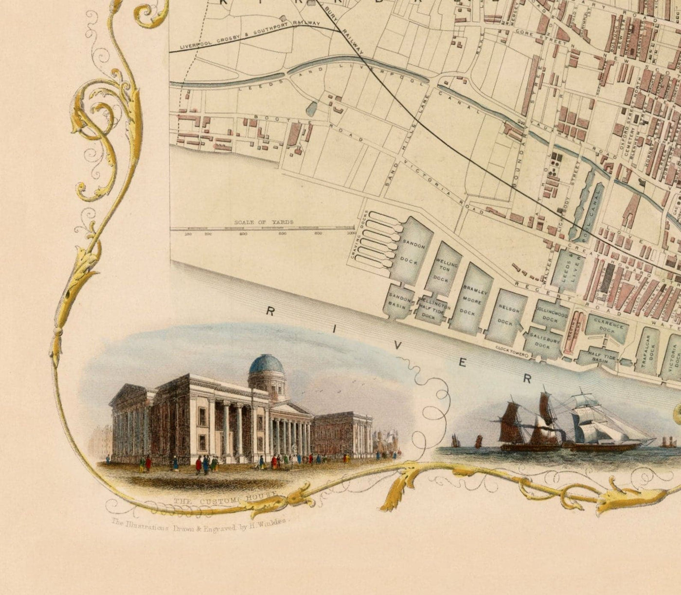 Alte Farbkarte von Liverpool von Tallis & Rapkin, 1851 - Docks, Mersey, Stadtzentrum 