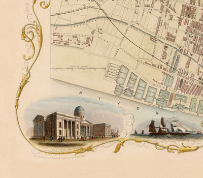 Alte Farbkarte von Liverpool von Tallis & Rapkin, 1851 - Docks, Mersey, Stadtzentrum 