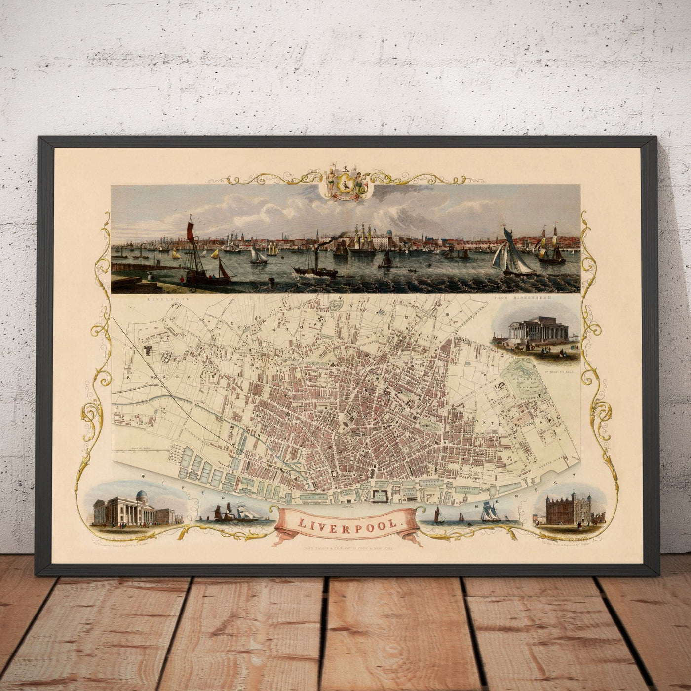 Alte Farbkarte von Liverpool von Tallis & Rapkin, 1851 - Docks, Mersey, Stadtzentrum 