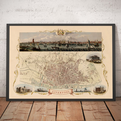 Alte Farbkarte von Liverpool von Tallis & Rapkin, 1851 - Docks, Mersey, Stadtzentrum 