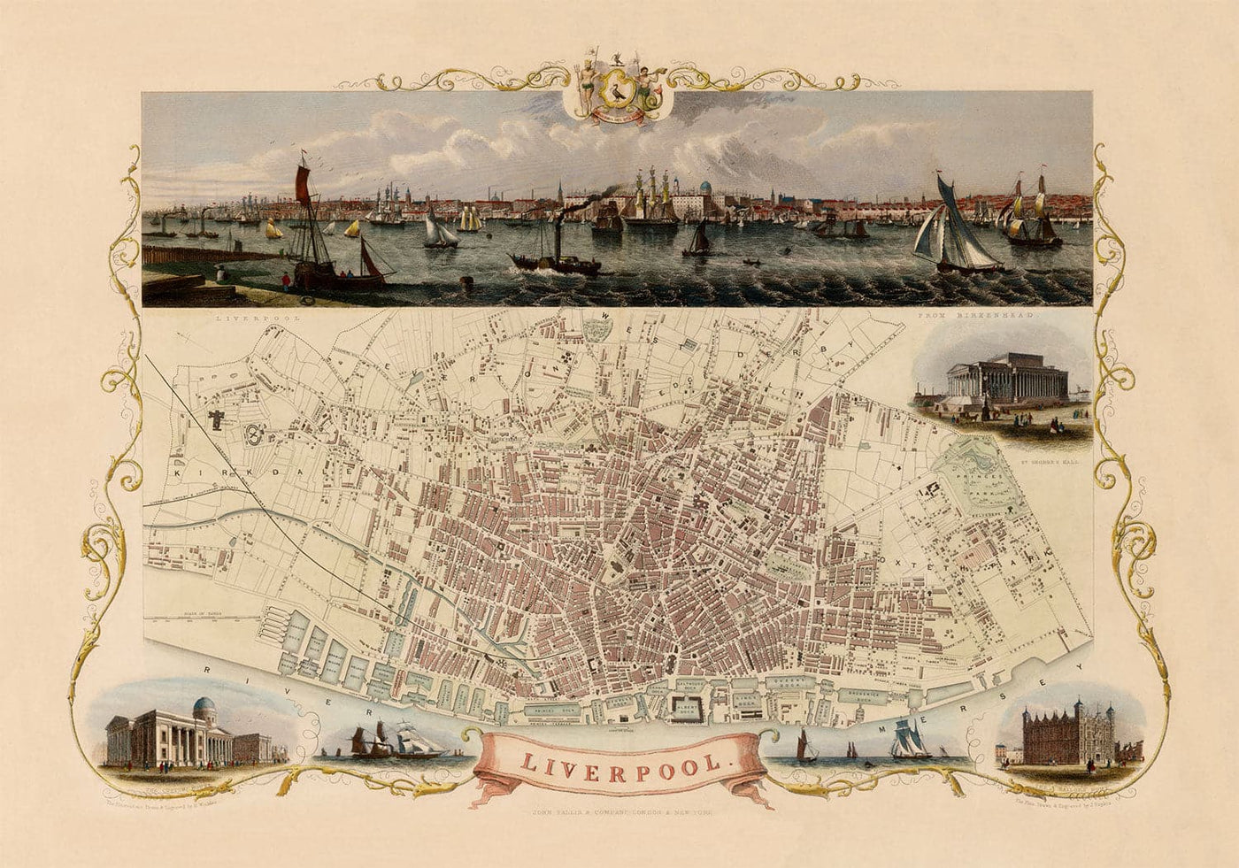 Alte Farbkarte von Liverpool von Tallis & Rapkin, 1851 - Docks, Mersey, Stadtzentrum 