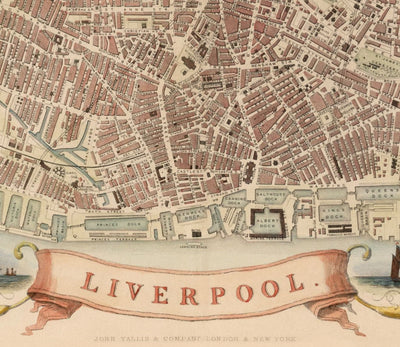 Alte Farbkarte von Liverpool von Tallis & Rapkin, 1851 - Docks, Mersey, Stadtzentrum 