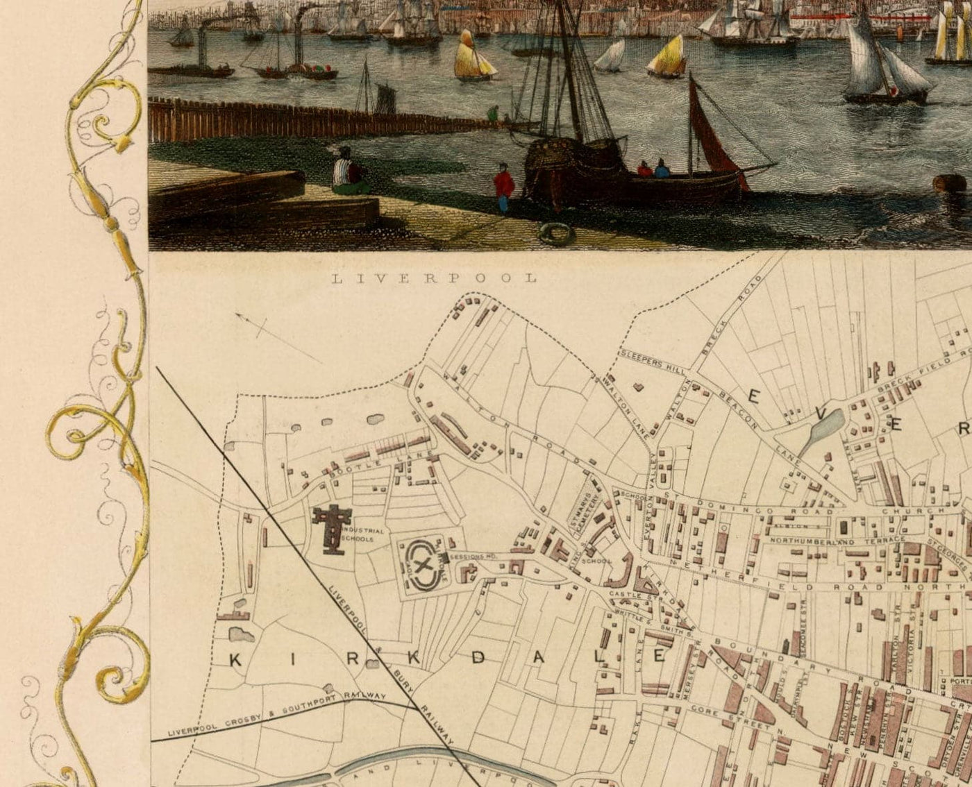 Alte Farbkarte von Liverpool von Tallis & Rapkin, 1851 - Docks, Mersey, Stadtzentrum 