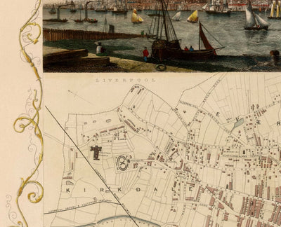 Alte Farbkarte von Liverpool von Tallis & Rapkin, 1851 - Docks, Mersey, Stadtzentrum 