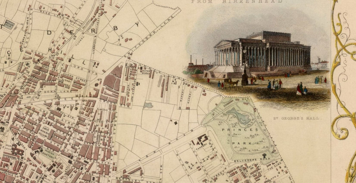 Alte Farbkarte von Liverpool von Tallis & Rapkin, 1851 - Docks, Mersey, Stadtzentrum 