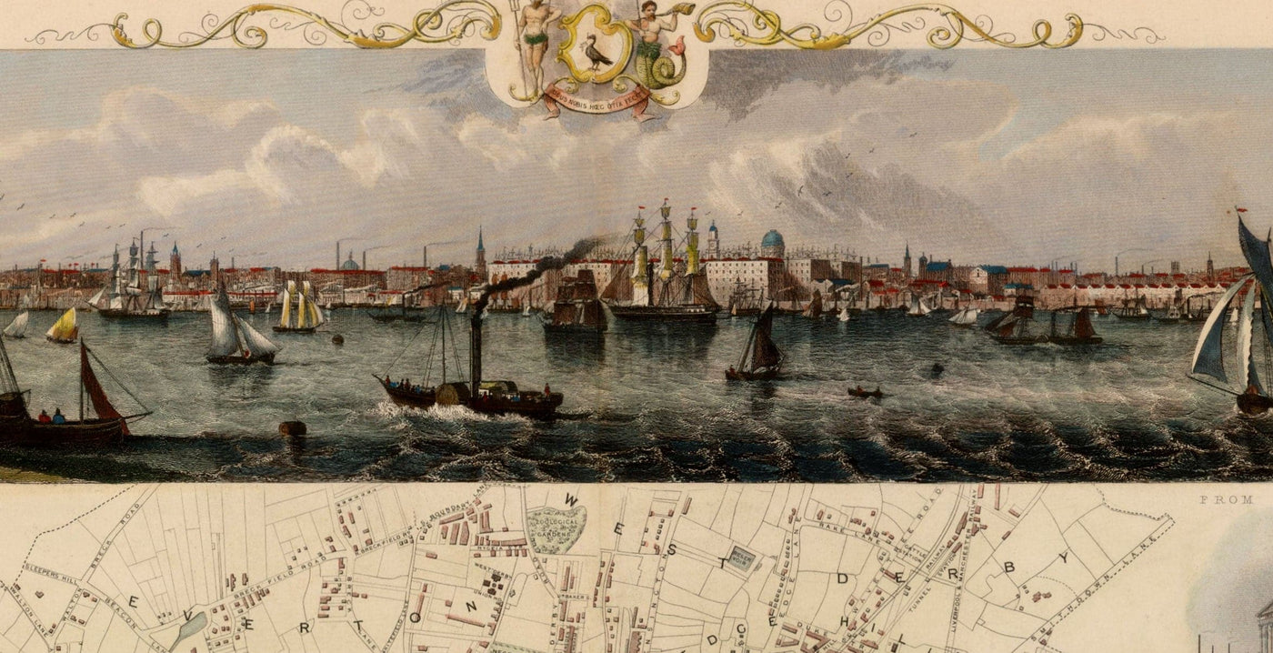 Alte Farbkarte von Liverpool von Tallis & Rapkin, 1851 - Docks, Mersey, Stadtzentrum 