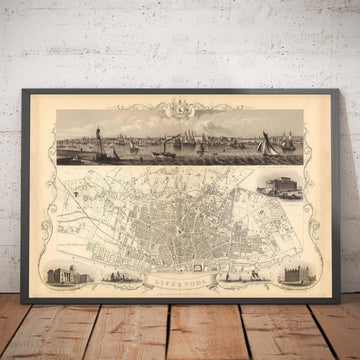 Alte monochrome Karte von Liverpool von John Rapkin, 1851 