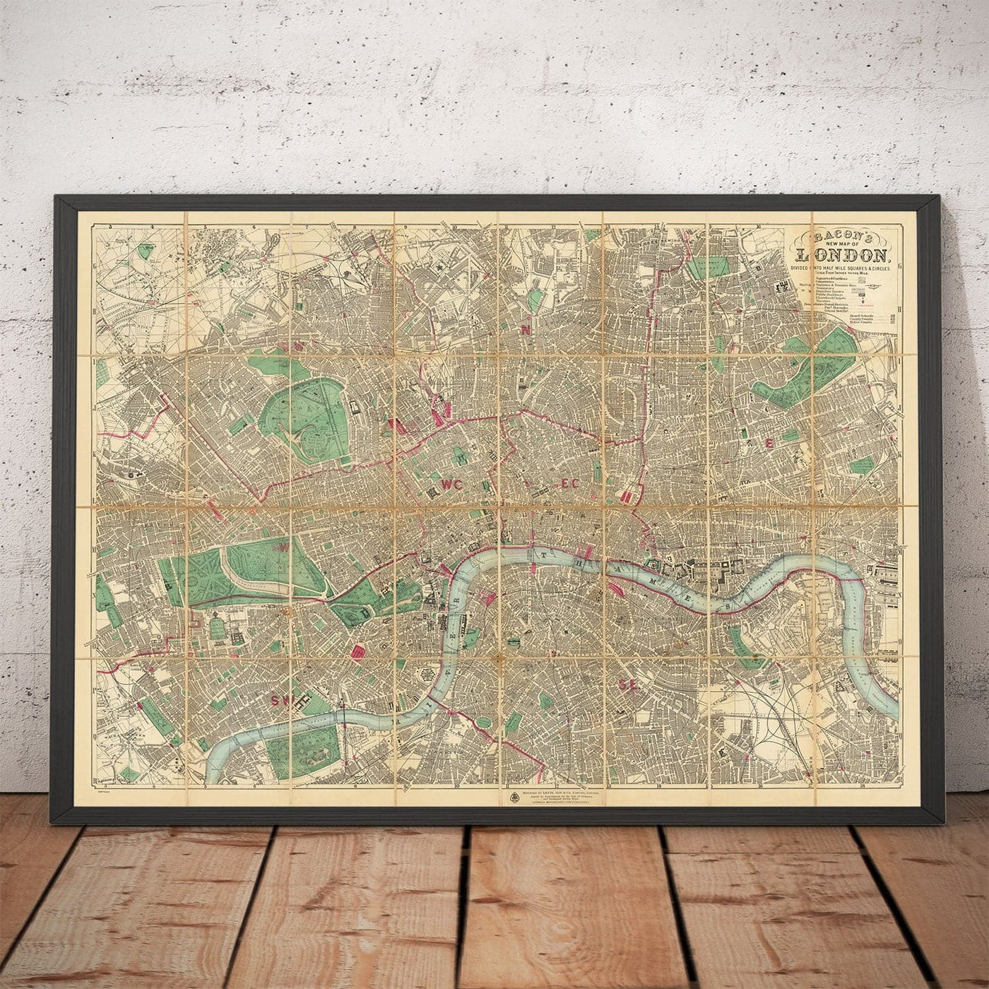 Big Old Map of London by Bacon, 1890 - Rare Folding Wall Chart of Victorian England